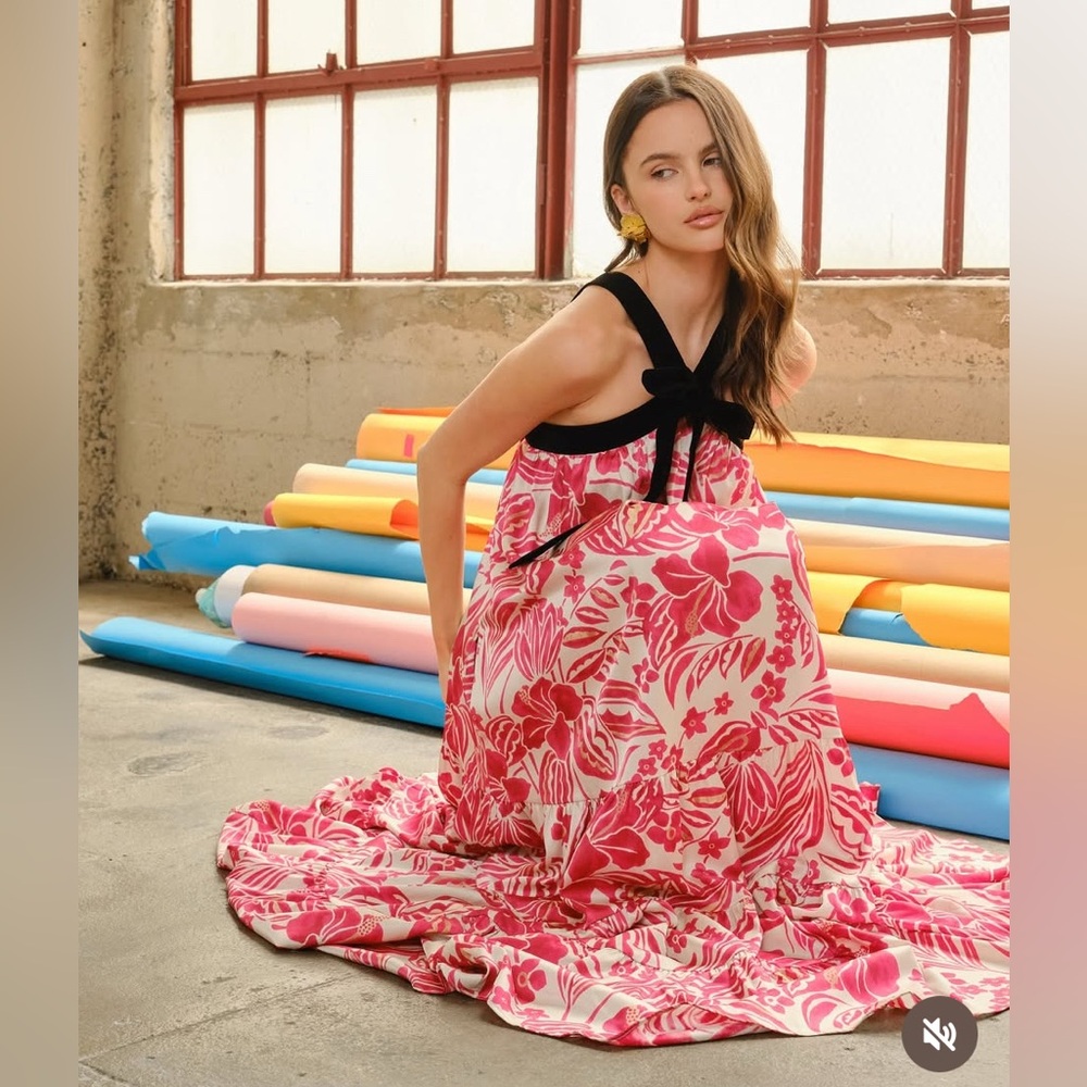 Maude Club Petal Print Halter Tiered Maxi Dress w/ Velvet Bow – Size S NWT